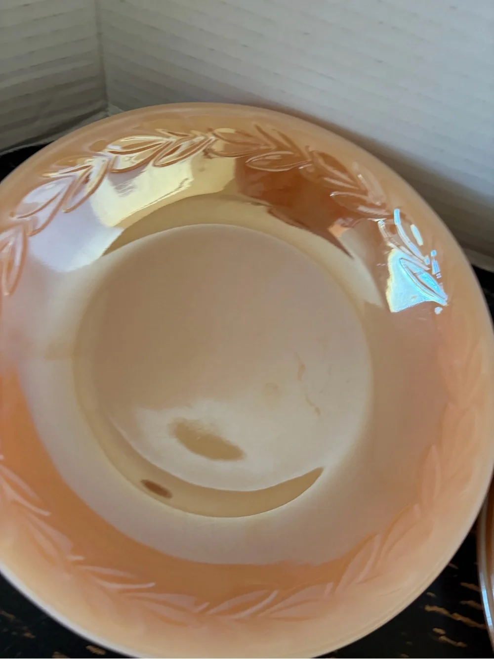 Set of Vintage Fire King Peach Lustre Laurel Leaf bowls and plates